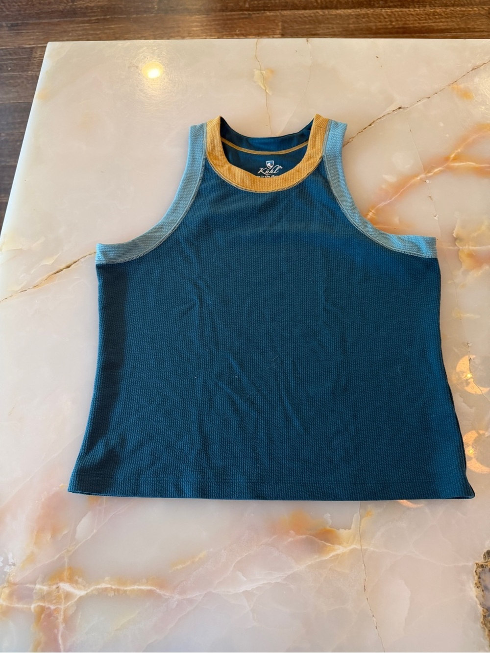 KIINI Teal Tank with Light Blue Trim and Gold Neckline